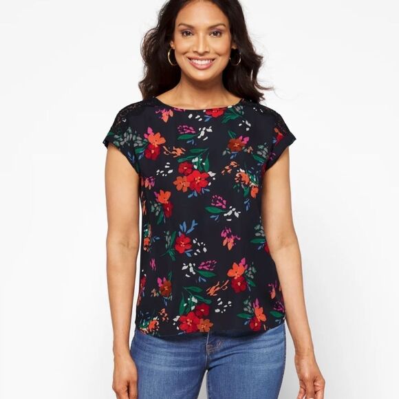 FORTUNE + IVY Allison Mixed Material Blouse Navy S NWT STITCH FIX - Picture 1 of 7